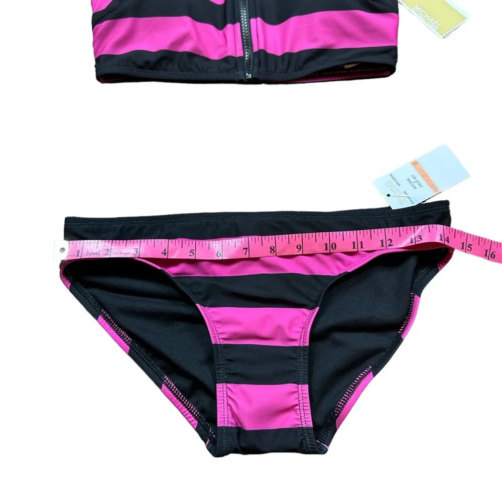 MICHAEL KORS: NWT Zip Front Pink Black Striped Bikini -Size Small